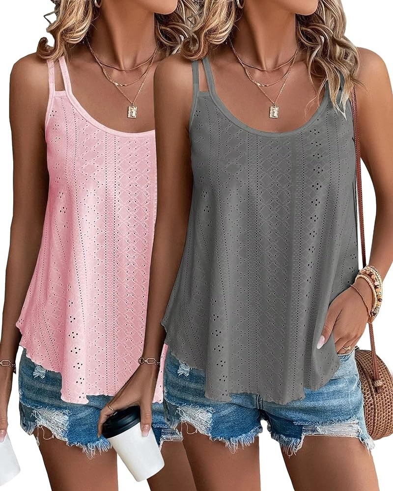 2 Pack Women's Tank Tops Eyelet Embroidery Sleeveless Spaghetti Strap Tops Scoop Neck Loose Fit Casual Flowy Cami Pink&grey $...