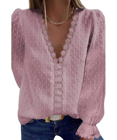 Women's V Neck Lace Crochet Tunic Tops Swiss Dots Long Sleeve Lace Blouse Shirt Pink $10.25 Blouses