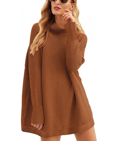 Women 2023 Trendy Casual Turtleneck Batwing Sleeve Slouchy Oversized Ribbed Knit Tunic Sweaters Pullover Brown $24.50 Sweaters