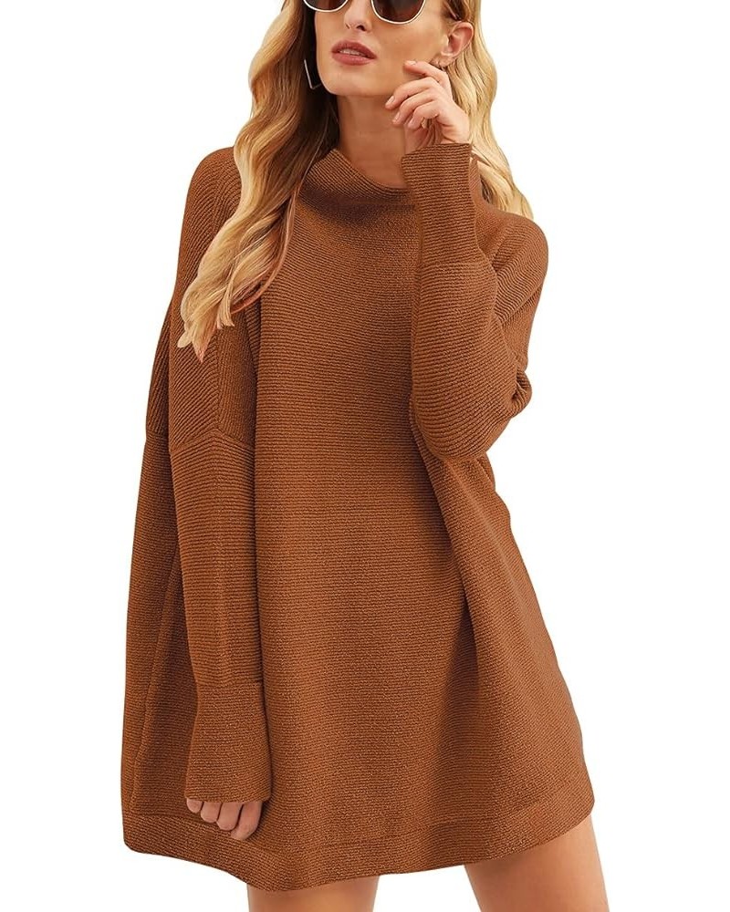 Women 2023 Trendy Casual Turtleneck Batwing Sleeve Slouchy Oversized Ribbed Knit Tunic Sweaters Pullover Brown $24.50 Sweaters