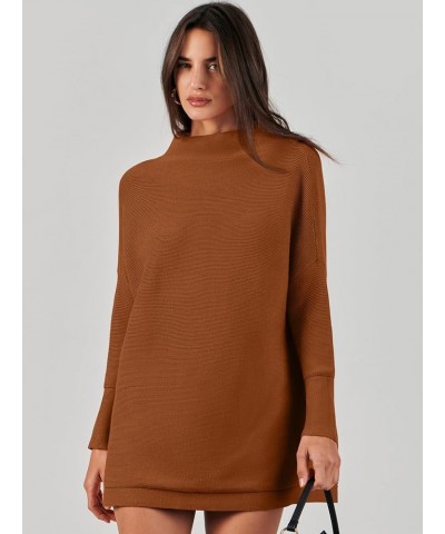 Women 2023 Trendy Casual Turtleneck Batwing Sleeve Slouchy Oversized Ribbed Knit Tunic Sweaters Pullover Brown $24.50 Sweaters