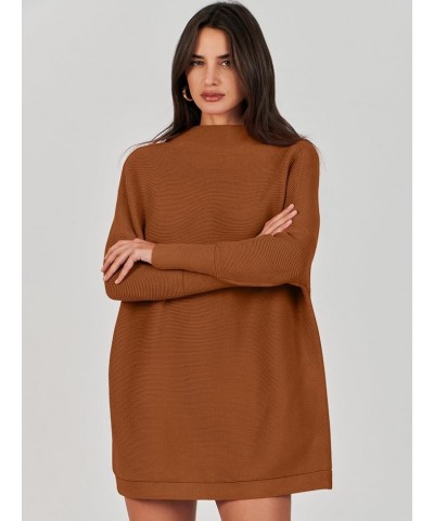 Women 2023 Trendy Casual Turtleneck Batwing Sleeve Slouchy Oversized Ribbed Knit Tunic Sweaters Pullover Brown $24.50 Sweaters