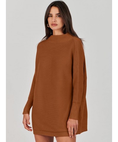 Women 2023 Trendy Casual Turtleneck Batwing Sleeve Slouchy Oversized Ribbed Knit Tunic Sweaters Pullover Brown $24.50 Sweaters