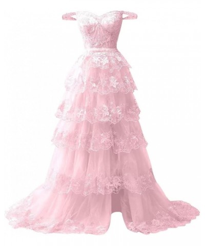 Women Tiered Tulle Lace Appliques Prom Dress A-Line Formal Ball Gown for 2023 Evening Party Dresses Light Pink $46.64 Dresses