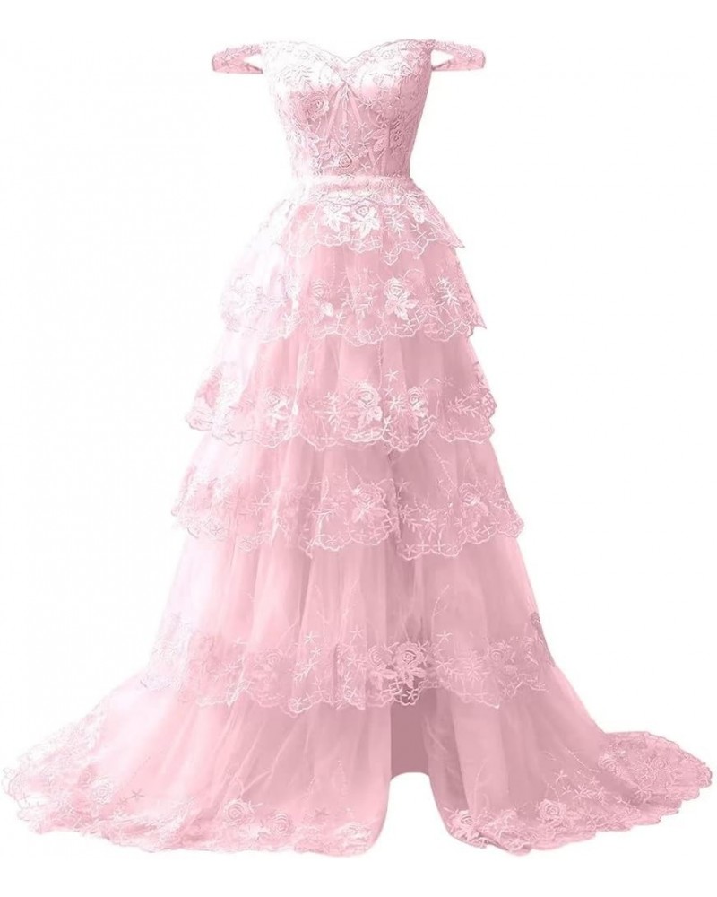 Women Tiered Tulle Lace Appliques Prom Dress A-Line Formal Ball Gown for 2023 Evening Party Dresses Light Pink $46.64 Dresses