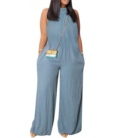 Plus Size Jumpsuit Women's Summer Beach Casual Sleeveless Solid Color Fashion Wide Leg Jumpsuit 1-blue $11.35 Rompers