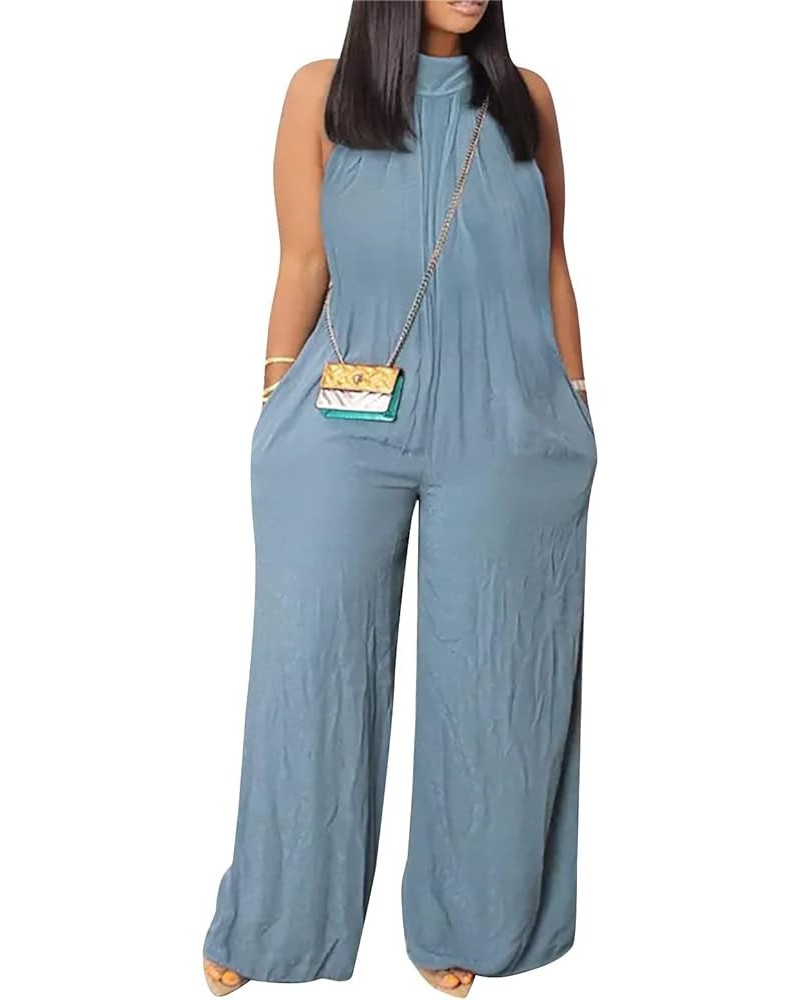 Plus Size Jumpsuit Women's Summer Beach Casual Sleeveless Solid Color Fashion Wide Leg Jumpsuit 1-blue $11.35 Rompers