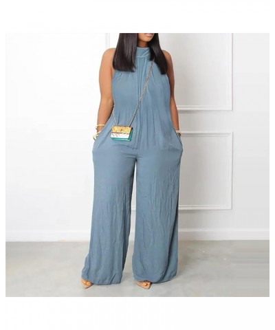 Plus Size Jumpsuit Women's Summer Beach Casual Sleeveless Solid Color Fashion Wide Leg Jumpsuit 1-blue $11.35 Rompers