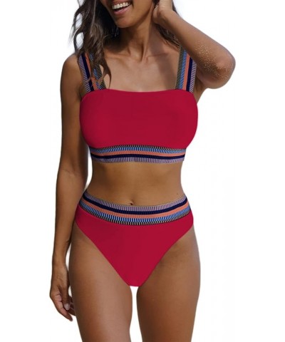 Women's Color Block Ribbed Knit Bikini Set Contrast Trim 2 Piece Swimsuits Burgundy $18.40 Swimsuits