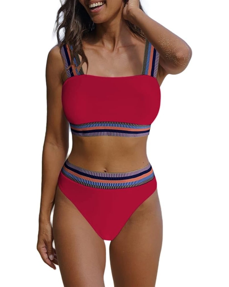 Women's Color Block Ribbed Knit Bikini Set Contrast Trim 2 Piece Swimsuits Burgundy $18.40 Swimsuits