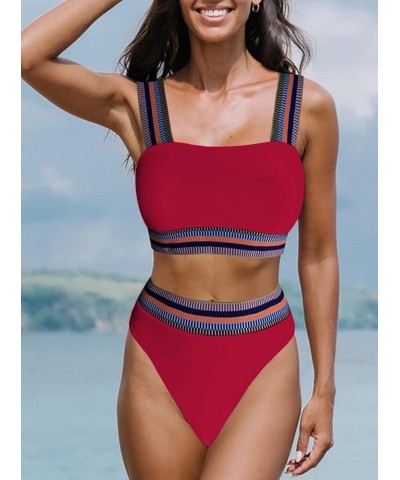 Women's Color Block Ribbed Knit Bikini Set Contrast Trim 2 Piece Swimsuits Burgundy $18.40 Swimsuits