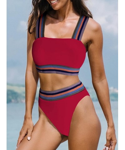 Women's Color Block Ribbed Knit Bikini Set Contrast Trim 2 Piece Swimsuits Burgundy $18.40 Swimsuits