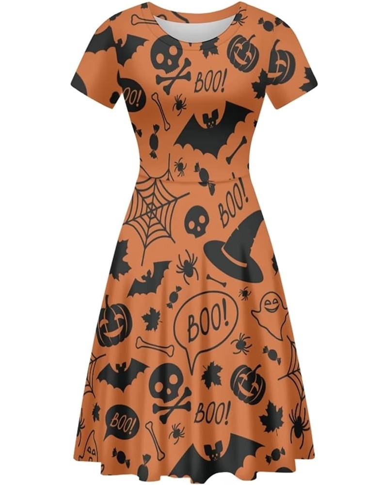 Women Summer Round-Neck Crane Loose Flowy Swing Shift Dresses Halloween Ghost and Web $18.87 Dresses