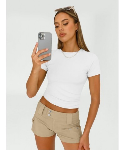 Womens Basic T-Shirts Scoop Neck Short Sleeve Crop Tops Cute Summer Tops Slim Fit Tees Y2k Clothing 2024 White $11.59 T-Shirts