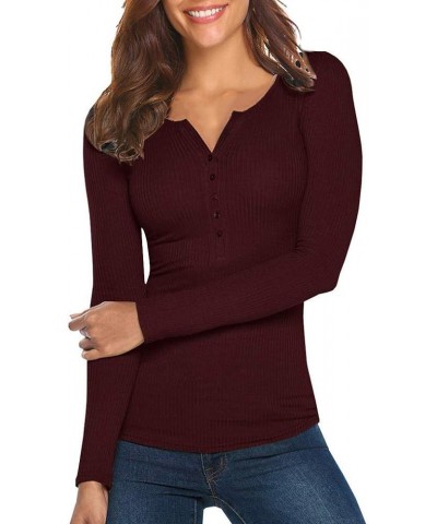 Women's Henley Shirts Long Sleeve V Neck Ribbed Button Down Knit Sweater Fitted Tops Wine Red $11.34 Sweaters