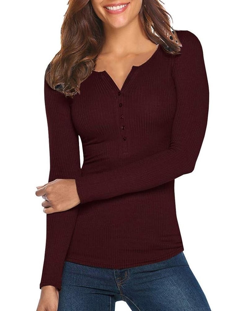 Women's Henley Shirts Long Sleeve V Neck Ribbed Button Down Knit Sweater Fitted Tops Wine Red $11.34 Sweaters