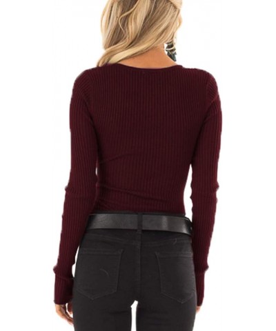 Women's Henley Shirts Long Sleeve V Neck Ribbed Button Down Knit Sweater Fitted Tops Wine Red $11.34 Sweaters