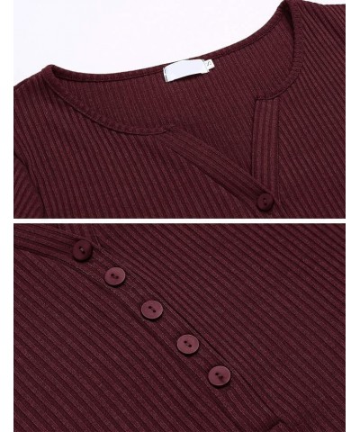 Women's Henley Shirts Long Sleeve V Neck Ribbed Button Down Knit Sweater Fitted Tops Wine Red $11.34 Sweaters