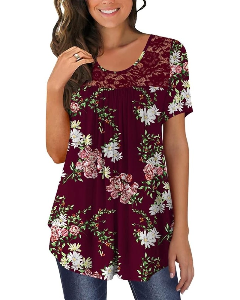 Womens Casual Loose Long Sleeves Tunic Tops Lace Panel Pleated T-shirts Blouses Short Sleeves Floral Wine Red $11.59 Tops