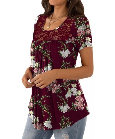 Womens Casual Loose Long Sleeves Tunic Tops Lace Panel Pleated T-shirts Blouses Short Sleeves Floral Wine Red $11.59 Tops