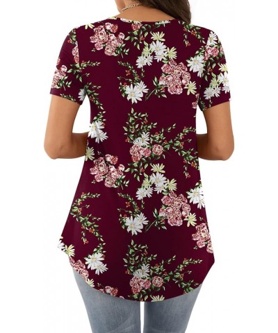 Womens Casual Loose Long Sleeves Tunic Tops Lace Panel Pleated T-shirts Blouses Short Sleeves Floral Wine Red $11.59 Tops