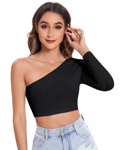 Women's Basic One Shoulder Long Sleeve Ribbed Knit Slim Fit Crop Top Tee T Shirt Black $8.54 Tops