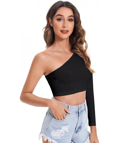 Women's Basic One Shoulder Long Sleeve Ribbed Knit Slim Fit Crop Top Tee T Shirt Black $8.54 Tops