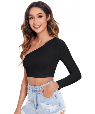 Women's Basic One Shoulder Long Sleeve Ribbed Knit Slim Fit Crop Top Tee T Shirt Black $8.54 Tops