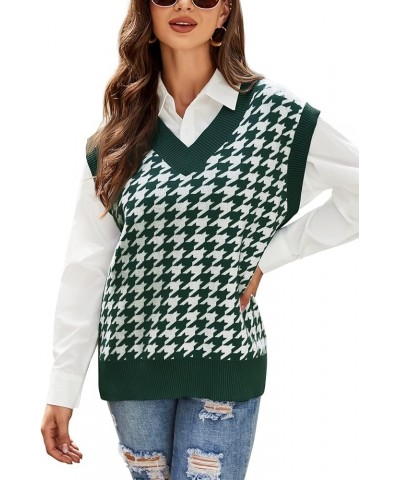 Women's Knitted V-Neck Vest Argyle Plaid Preppy Style Sleeveless Pullover Crop Sweater Vest Loose-C C-dark Green $10.00 Sweaters