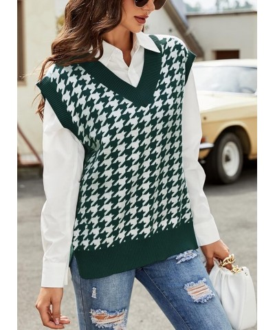 Women's Knitted V-Neck Vest Argyle Plaid Preppy Style Sleeveless Pullover Crop Sweater Vest Loose-C C-dark Green $10.00 Sweaters