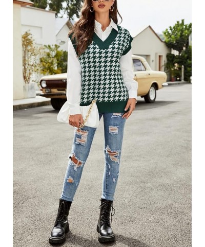 Women's Knitted V-Neck Vest Argyle Plaid Preppy Style Sleeveless Pullover Crop Sweater Vest Loose-C C-dark Green $10.00 Sweaters