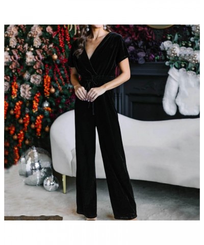 Womens Jumpsuits Casual Dressy Summer Short Sleeve Crewnek Waist Tie Rompers One Piece Cropped Wide Leg Pants Jumpsuit 02-bla...