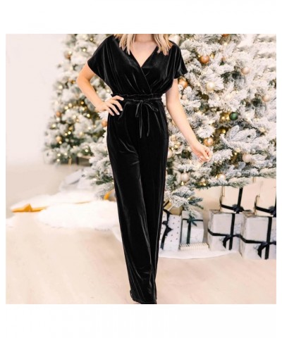 Womens Jumpsuits Casual Dressy Summer Short Sleeve Crewnek Waist Tie Rompers One Piece Cropped Wide Leg Pants Jumpsuit 02-bla...