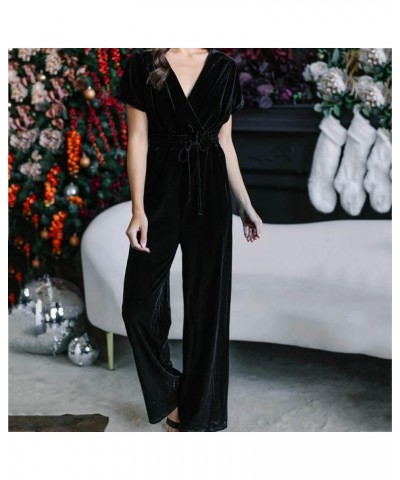 Womens Jumpsuits Casual Dressy Summer Short Sleeve Crewnek Waist Tie Rompers One Piece Cropped Wide Leg Pants Jumpsuit 02-bla...