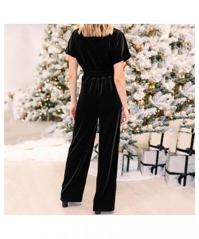 Womens Jumpsuits Casual Dressy Summer Short Sleeve Crewnek Waist Tie Rompers One Piece Cropped Wide Leg Pants Jumpsuit 02-bla...