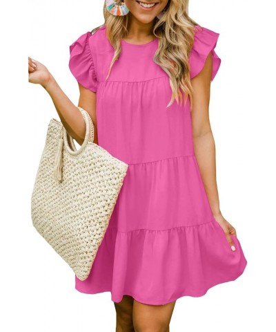 Women's Ruffle Cap Sleeve Crew Neck Tiered Babydoll Flowy Mini Dress Rose $15.96 Dresses