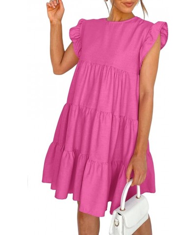 Women's Ruffle Cap Sleeve Crew Neck Tiered Babydoll Flowy Mini Dress Rose $15.96 Dresses