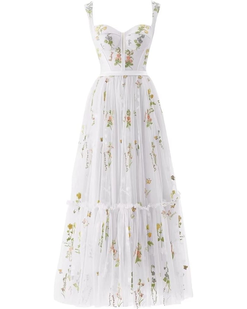 Tea Length Tulle Prom Dresses Flower Embroidery Formal Evening Party Gowns for Women Tea Length-white $36.03 Dresses