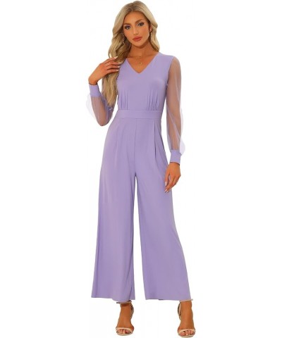 Women's Elegant V Neck Mesh Long Sleeve Loose Wide Leg Romper Party Jumpsuits Light Purple $26.50 Jumpsuits