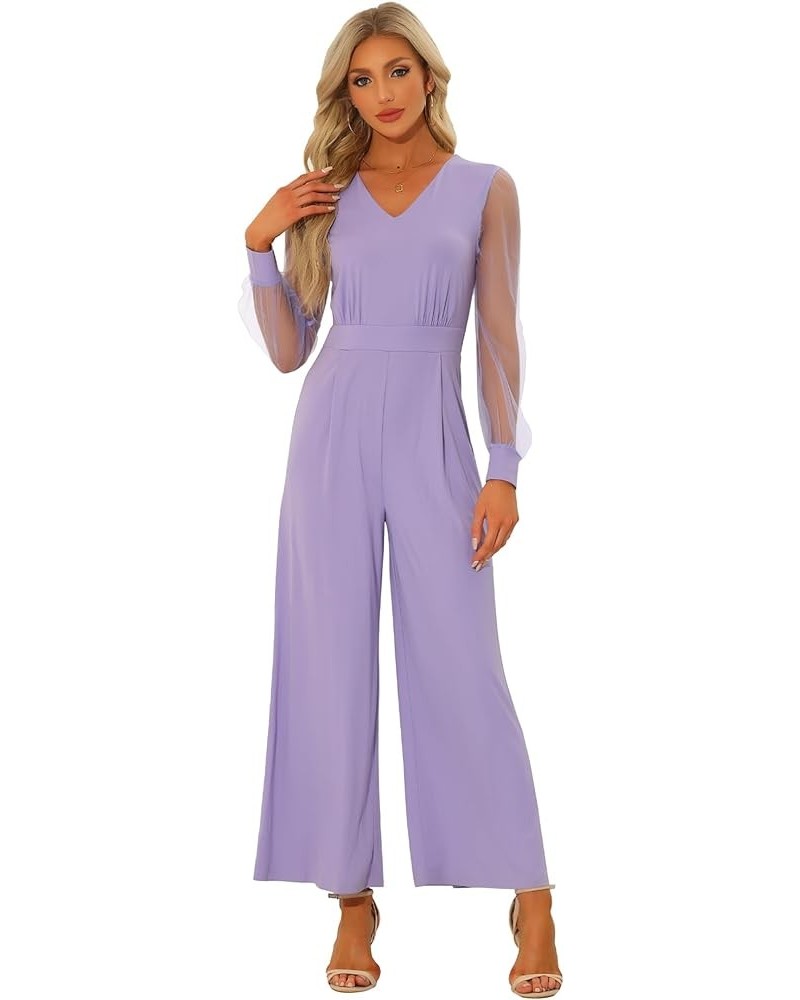 Women's Elegant V Neck Mesh Long Sleeve Loose Wide Leg Romper Party Jumpsuits Light Purple $26.50 Jumpsuits