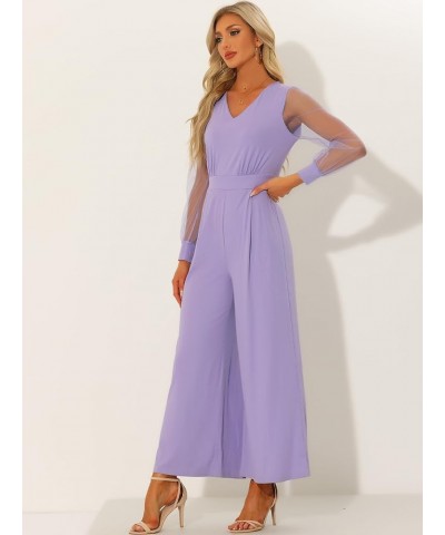 Women's Elegant V Neck Mesh Long Sleeve Loose Wide Leg Romper Party Jumpsuits Light Purple $26.50 Jumpsuits