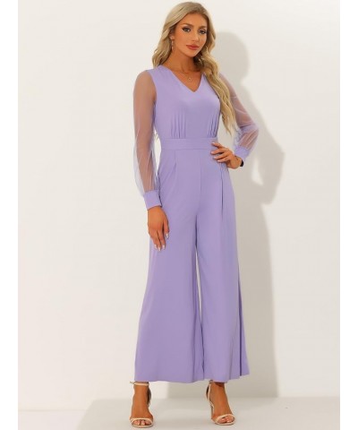 Women's Elegant V Neck Mesh Long Sleeve Loose Wide Leg Romper Party Jumpsuits Light Purple $26.50 Jumpsuits