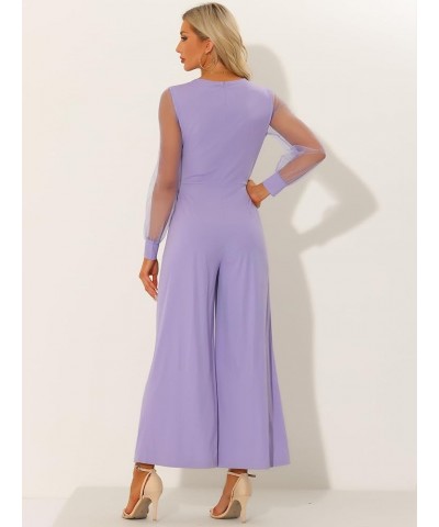 Women's Elegant V Neck Mesh Long Sleeve Loose Wide Leg Romper Party Jumpsuits Light Purple $26.50 Jumpsuits