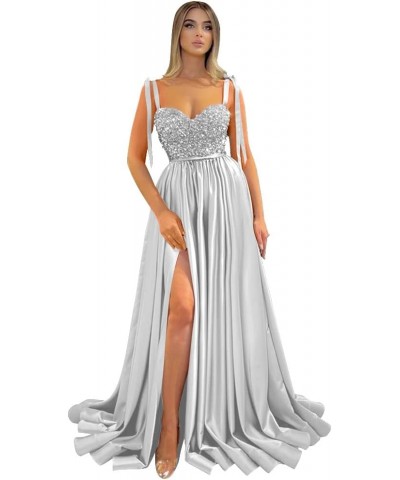 Spaghetti Straps Sequin Prom Dresses for Women with Slit Long Satin Bridesmaid Dress Silver $40.49 Dresses