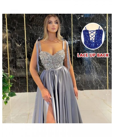 Spaghetti Straps Sequin Prom Dresses for Women with Slit Long Satin Bridesmaid Dress Silver $40.49 Dresses