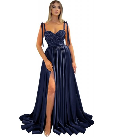 Spaghetti Straps Sequin Prom Dresses for Women with Slit Long Satin Bridesmaid Dress Silver $40.49 Dresses