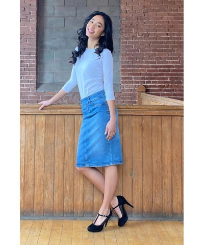 Straight Knee Length Stretch Denim Jean Skirt for Women Size 0-24 Plus Size - Boston Vintage Blue $23.10 Skirts