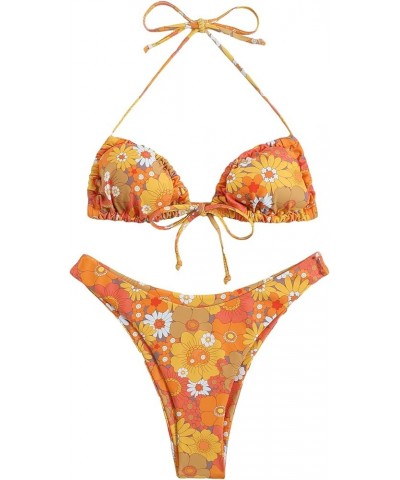 Women's Glitter Tie Side Spaghetti Strap 2 Piece Bikini Swimsuit Orange All Over $9.68 Swimsuits