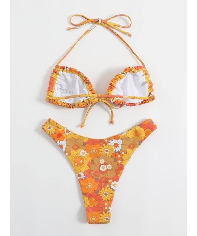 Women's Glitter Tie Side Spaghetti Strap 2 Piece Bikini Swimsuit Orange All Over $9.68 Swimsuits