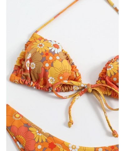 Women's Glitter Tie Side Spaghetti Strap 2 Piece Bikini Swimsuit Orange All Over $9.68 Swimsuits